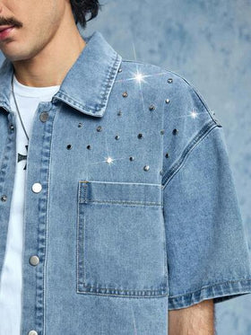 ROMWE MEN Grunge Punk قميص جينز قصير الأكمام للرجال، ذو ياقة منقلبة وأزرار فردية، متعدد الاستخدامات للارتداء اليومي