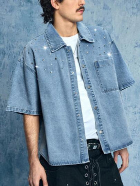 ROMWE MEN Grunge Punk قميص جينز قصير الأكمام للرجال، ذو ياقة منقلبة وأزرار فردية، متعدد الاستخدامات للارتداء اليومي