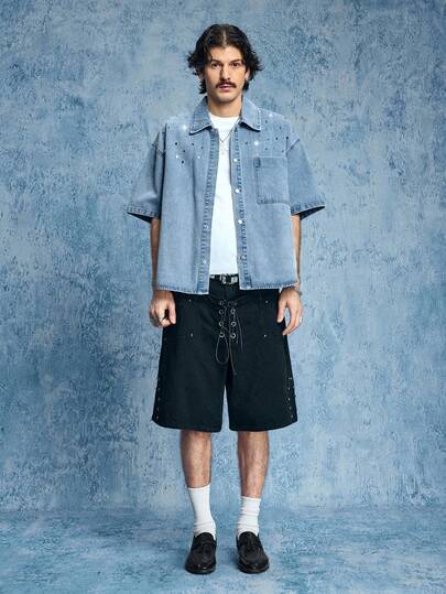 ROMWE MEN Grunge Punk قميص جينز قصير الأكمام للرجال، ذو ياقة منقلبة وأزرار فردية، متعدد الاستخدامات للارتداء اليومي