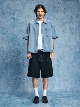 ROMWE MEN Grunge Punk قميص جينز قصير الأكمام للرجال، ذو ياقة منقلبة وأزرار فردية، متعدد الاستخدامات للارتداء اليومي