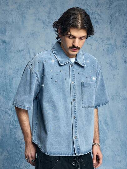 ROMWE MEN Grunge Punk قميص جينز قصير الأكمام للرجال، ذو ياقة منقلبة وأزرار فردية، متعدد الاستخدامات للارتداء اليومي