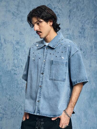 ROMWE MEN Grunge Punk قميص جينز قصير الأكمام للرجال، ذو ياقة منقلبة وأزرار فردية، متعدد الاستخدامات للارتداء اليومي