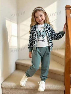 SHEIN Elladie kids طقم كاجوال مكون من 3 قطع من جاكيت بيسبول طباعة فهد للفتاة الصغيرة، وبلوزة طباعة فراشة وبنطلون رياضي في الربيع والخريف
