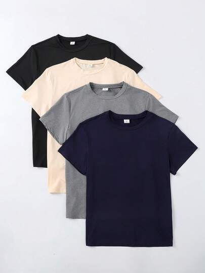 SHEIN Vacaura تي شيرت أكمام قصيرة لون سادة مناسب للارتداء اليومي، تصميم بسيط، رقبة طاقم كلاسيكية، ناعم وراحة