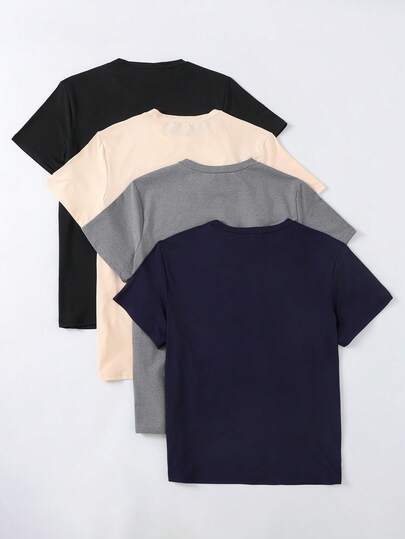 SHEIN Vacaura تي شيرت أكمام قصيرة لون سادة مناسب للارتداء اليومي، تصميم بسيط، رقبة طاقم كلاسيكية، ناعم وراحة