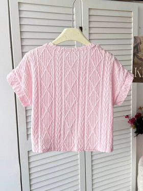 SHEIN تي شيرت بناتية كاجوال أنيقة مرصعة بالراين مزينة بزهور ثلاثية الأبعاد، بياقة دائرية وأكمام راجلان فضفاضة منسوجة بنسيج مموج