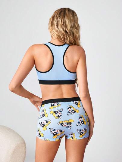 THE POWERPUFF GIRLS X SHEIN طقم ملابس داخلية نسائية مكون من حمالة صدر بطباعة كرتونية وسروال قصير مريح للاسترخاء