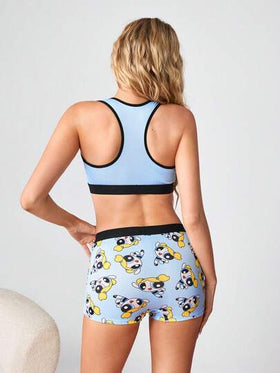 THE POWERPUFF GIRLS X SHEIN طقم ملابس داخلية نسائية مكون من حمالة صدر بطباعة كرتونية وسروال قصير مريح للاسترخاء