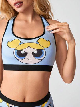 THE POWERPUFF GIRLS X SHEIN طقم ملابس داخلية نسائية مكون من حمالة صدر بطباعة كرتونية وسروال قصير مريح للاسترخاء