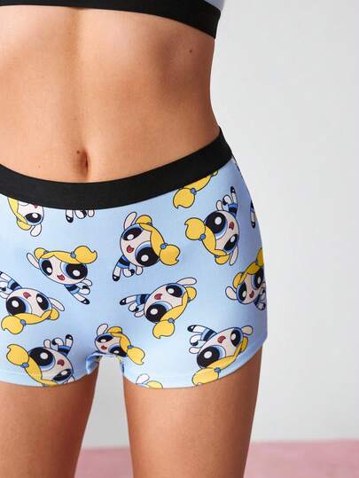 THE POWERPUFF GIRLS X SHEIN طقم ملابس داخلية نسائية مكون من حمالة صدر بطباعة كرتونية وسروال قصير مريح للاسترخاء