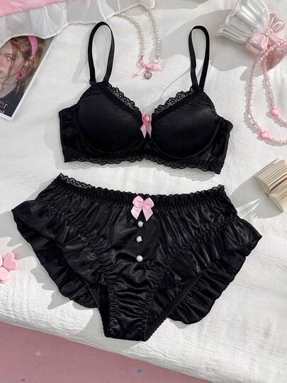PetitDoll مجموعة سوتيان بحافة مكسرة مزينة بأزرار صغيرة، سلسلة حلوة وجميلة للنساء، قطعتان