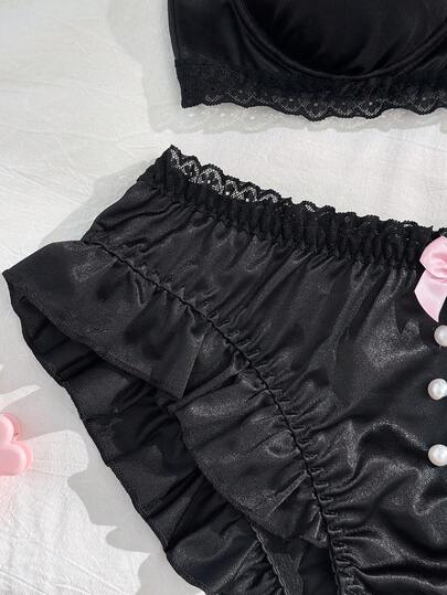 PetitDoll مجموعة سوتيان بحافة مكسرة مزينة بأزرار صغيرة، سلسلة حلوة وجميلة للنساء، قطعتان