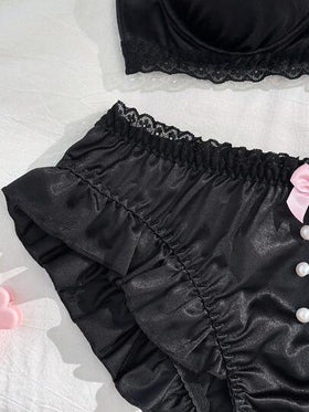 PetitDoll مجموعة سوتيان بحافة مكسرة مزينة بأزرار صغيرة، سلسلة حلوة وجميلة للنساء، قطعتان