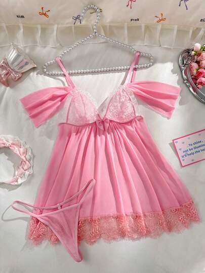 PetitDoll مجموعة ثوب نوم نسائي مثير من الدانتيل والرقعة، عيد الحب