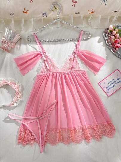PetitDoll مجموعة ثوب نوم نسائي مثير من الدانتيل والرقعة، عيد الحب