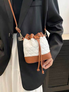حقيبة دلو مطرزة بخيوط بتصميم بسيط، حقيبة كتف صغيرة فريدة، حقيبة كروس بألوان متباينة عصرية