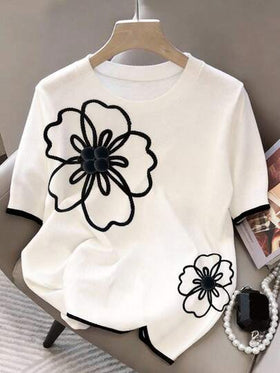 SHEIN قميص بناتي مطبوع بالزهور بياقة طاقم وأكمام قصيرة، كاجوال متعدد الاستخدامات