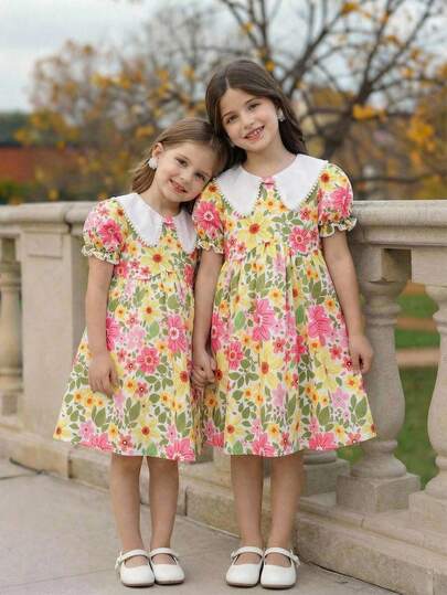 Emery Rose Kids فستان أنيق بطبعات زهرية مع ياقة مكسرة وأكمام منتفخة مناسب للفتيات، فستان زهري أنيق بياقة بيتر بان