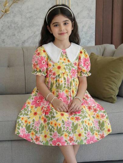 Emery Rose Kids فستان أنيق بطبعات زهرية مع ياقة مكسرة وأكمام منتفخة مناسب للفتيات، فستان زهري أنيق بياقة بيتر بان