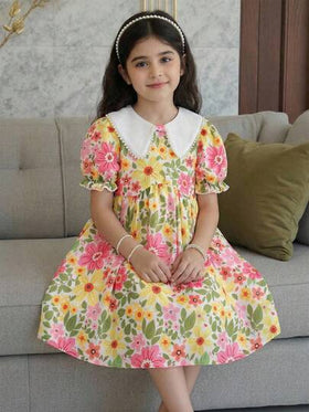 Emery Rose Kids فستان أنيق بطبعات زهرية مع ياقة مكسرة وأكمام منتفخة مناسب للفتيات، فستان زهري أنيق بياقة بيتر بان