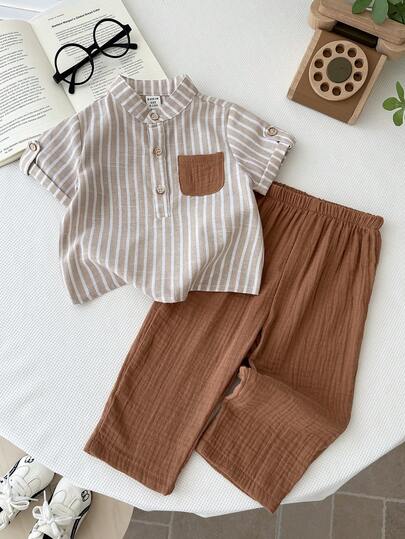 LMoss Kids طقم قميص وبنطلون قصير الأكمام مخطط مع جيب وأزرار للأطفال الصبيان الكاجوال