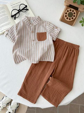 LMoss Kids طقم قميص وبنطلون قصير الأكمام مخطط مع جيب وأزرار للأطفال الصبيان الكاجوال