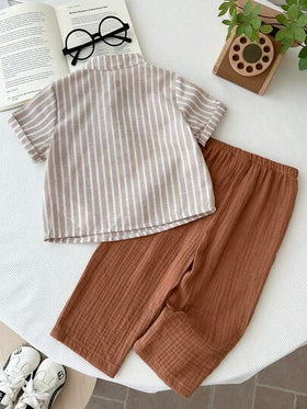 LMoss Kids طقم قميص وبنطلون قصير الأكمام مخطط مع جيب وأزرار للأطفال الصبيان الكاجوال