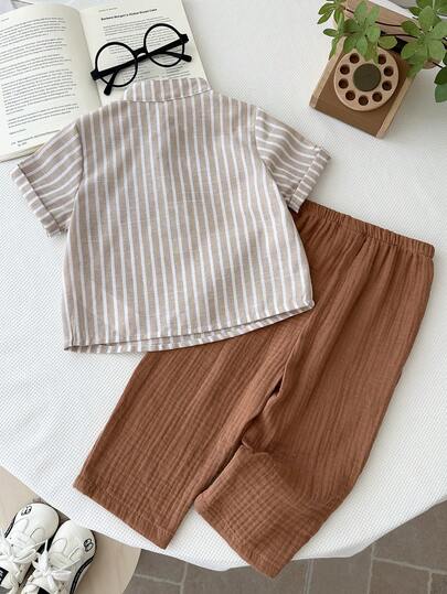 LMoss Kids طقم قميص وبنطلون قصير الأكمام مخطط مع جيب وأزرار للأطفال الصبيان الكاجوال