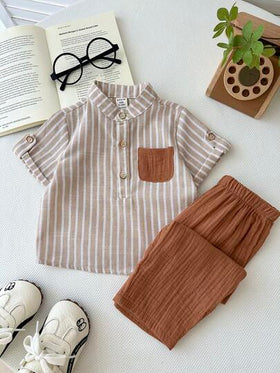LMoss Kids طقم قميص وبنطلون قصير الأكمام مخطط مع جيب وأزرار للأطفال الصبيان الكاجوال