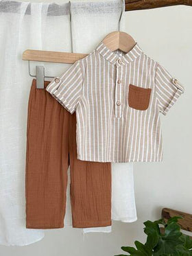 LMoss Kids طقم قميص وبنطلون قصير الأكمام مخطط مع جيب وأزرار للأطفال الصبيان الكاجوال