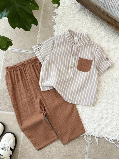 LMoss Kids طقم قميص وبنطلون قصير الأكمام مخطط مع جيب وأزرار للأطفال الصبيان الكاجوال