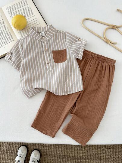 LMoss Kids طقم قميص وبنطلون قصير الأكمام مخطط مع جيب وأزرار للأطفال الصبيان الكاجوال