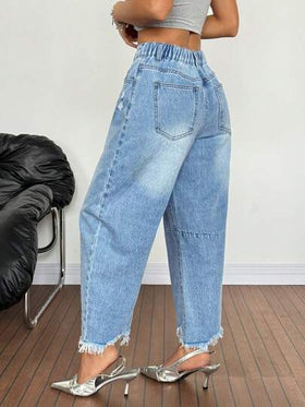 SHEIN PETITE جينز نسائي بجيوب مهترئ بقصة واسعة وفضفاضة