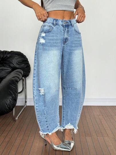 SHEIN PETITE جينز نسائي بجيوب مهترئ بقصة واسعة وفضفاضة