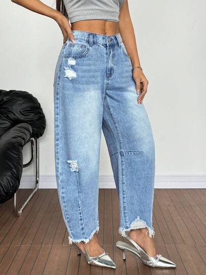 SHEIN PETITE جينز نسائي بجيوب مهترئ بقصة واسعة وفضفاضة