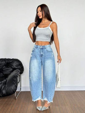 SHEIN PETITE جينز نسائي بجيوب مهترئ بقصة واسعة وفضفاضة
