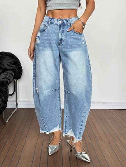 SHEIN PETITE جينز نسائي بجيوب مهترئ بقصة واسعة وفضفاضة