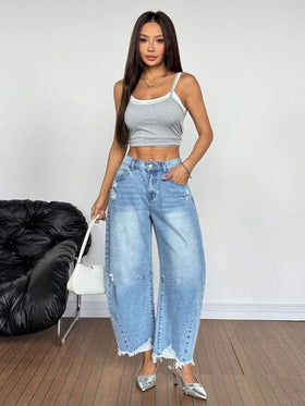 SHEIN PETITE جينز نسائي بجيوب مهترئ بقصة واسعة وفضفاضة