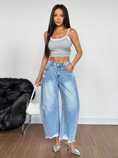 SHEIN PETITE جينز نسائي بجيوب مهترئ بقصة واسعة وفضفاضة