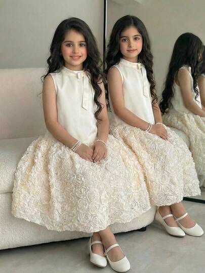 فستان أنيق مطرز بزخارف زهرية ثلاثية الأبعاد على شبكة مع ياقة فيونكة كبيرة للبنات