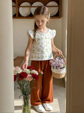 Elladie kids طقم تي شيرت وبنطلون طويل كاجوال للبنات، بتصميم أزرار خلفي وأكمام قصيرة، قماش منسوج، طراز ريفي زهري صيفي، ملابس أنيقة وجميلة للبنات