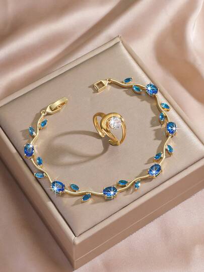 دموع البحر العميق] أنيق بشكل ورقة، يرمز للحب، طقم متناسق، يوفر إلهام، مُلائم، متعدد الاستخدامات، مجوهرات فاخرة، سوار من الذهب الأصفر عيار 18 قيراط مطلي بالطبيعي توباز، تصميم نخبوي بجمالية راقية، هدية مثالية للحبيبة/عيد الحب، خيار رائع للهدايا الذاتية