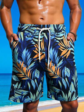 Manfinity Swimmode شورت كاجوال للرجال بخصر مرن وجيوب بطبعة أوراق