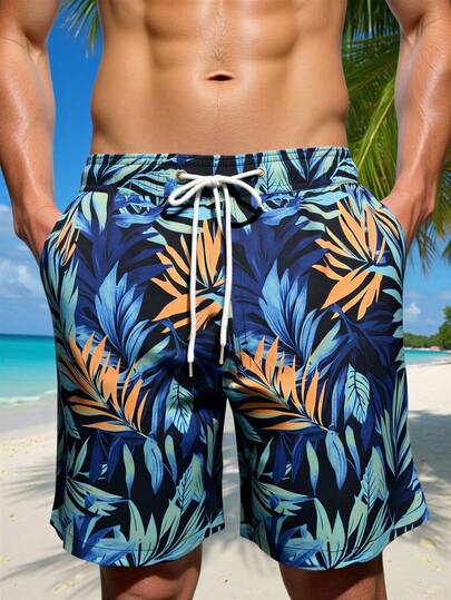 Manfinity Swimmode شورت كاجوال للرجال بخصر مرن وجيوب بطبعة أوراق