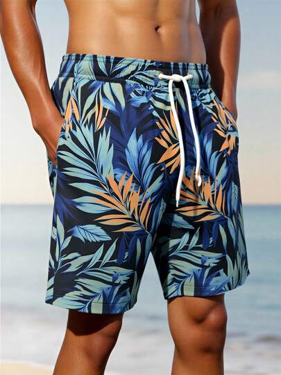 Manfinity Swimmode شورت كاجوال للرجال بخصر مرن وجيوب بطبعة أوراق