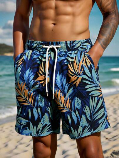 Manfinity Swimmode شورت كاجوال للرجال بخصر مرن وجيوب بطبعة أوراق