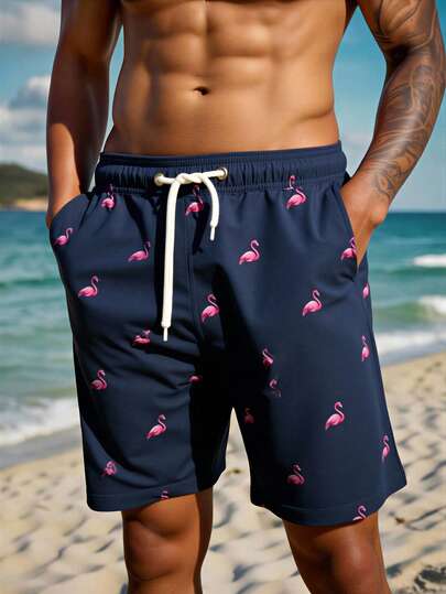 Manfinity Swimmode شورت كاجوال قابل للاستخدام المتعدد بخصر رباط مطبوع بنقشة البلاميجو للرجال