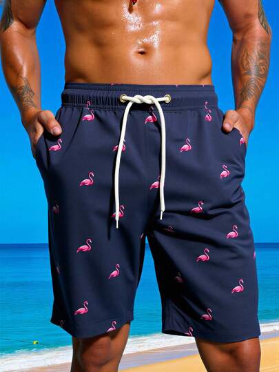 Manfinity Swimmode شورت كاجوال قابل للاستخدام المتعدد بخصر رباط مطبوع بنقشة البلاميجو للرجال