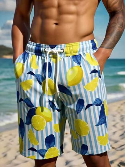 Manfinity Swimmode شورتات شاطئ كاجوال للرجال مطبوعة بخطوط وليمون