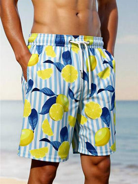 Manfinity Swimmode شورتات شاطئ كاجوال للرجال مطبوعة بخطوط وليمون